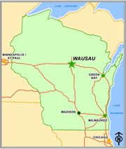 Map of Wisconsin with Wausau starred